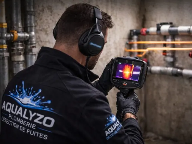 Anthony DINNAT avec une caméra thermique devant un réseau de tuyaux